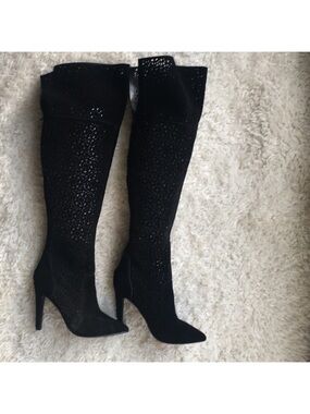 Fergie Black Over-the-Knee Pointed-Toe Stiletto Boots